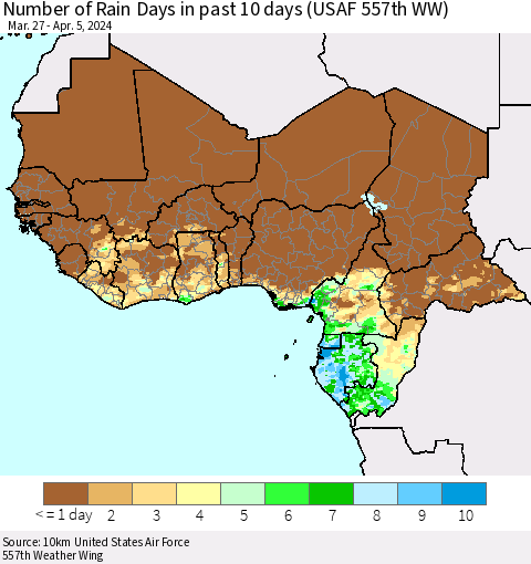Western Africa Number of Rain Days in past 10 days (USAF 557th WW) Thematic Map For 4/1/2024 - 4/5/2024