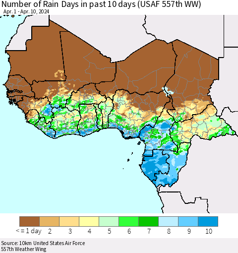 Western Africa Number of Rain Days in past 10 days (USAF 557th WW) Thematic Map For 4/6/2024 - 4/10/2024