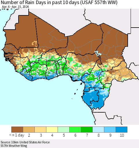 Western Africa Number of Rain Days in past 10 days (USAF 557th WW) Thematic Map For 4/11/2024 - 4/15/2024