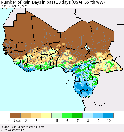 Western Africa Number of Rain Days in past 10 days (USAF 557th WW) Thematic Map For 4/21/2024 - 4/25/2024