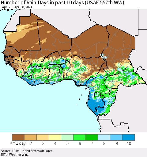 Western Africa Number of Rain Days in past 10 days (USAF 557th WW) Thematic Map For 4/26/2024 - 4/30/2024
