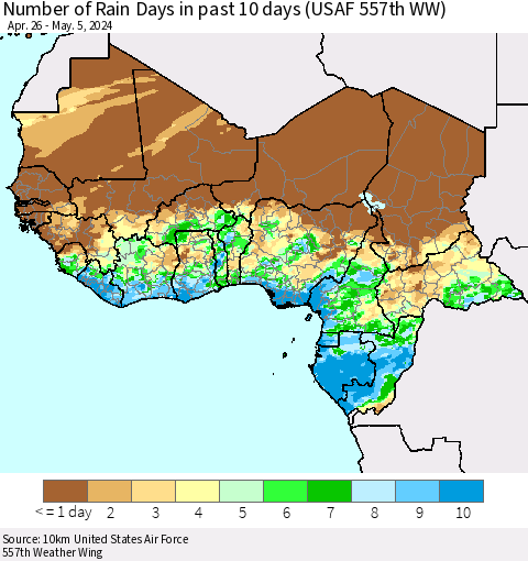 Western Africa Number of Rain Days in past 10 days (USAF 557th WW) Thematic Map For 5/1/2024 - 5/5/2024