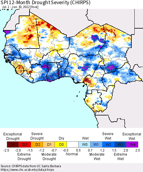 Western Africa SPI 12-Month Drought Severity (CHIRPS) Thematic Map For 7/1/2021 - 6/30/2022