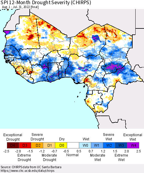 Western Africa SPI 12-Month Drought Severity (CHIRPS) Thematic Map For 8/1/2021 - 7/31/2022