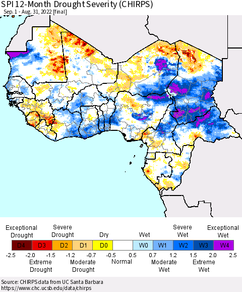 Western Africa SPI 12-Month Drought Severity (CHIRPS) Thematic Map For 9/1/2021 - 8/31/2022