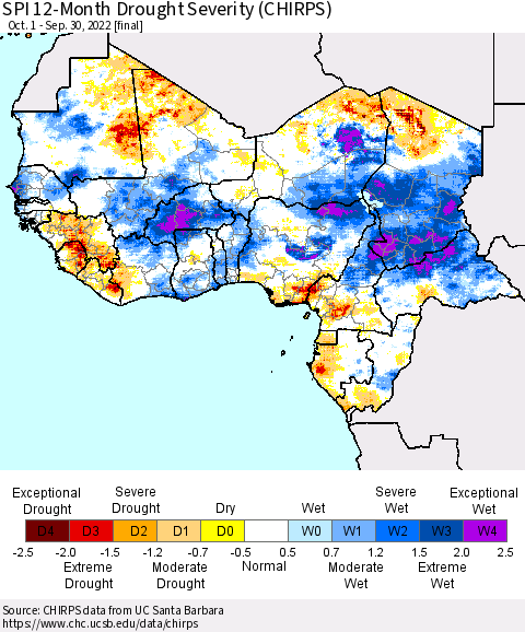 Western Africa SPI 12-Month Drought Severity (CHIRPS) Thematic Map For 10/1/2021 - 9/30/2022