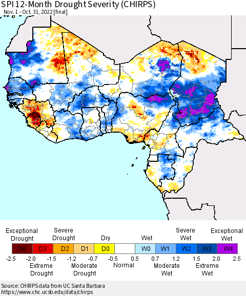 Western Africa SPI 12-Month Drought Severity (CHIRPS) Thematic Map For 11/1/2021 - 10/31/2022