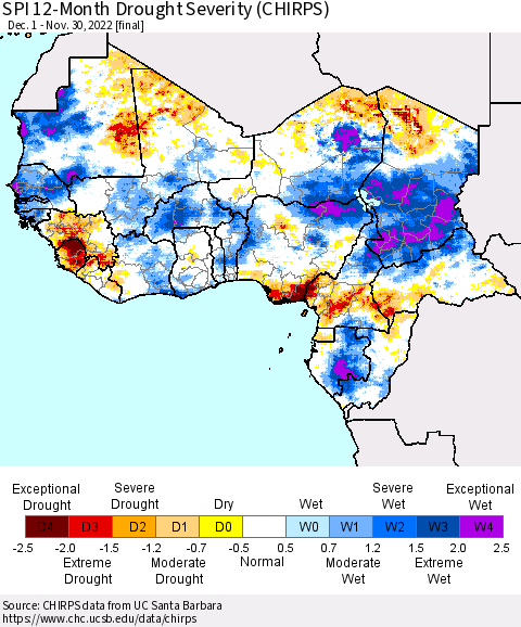 Western Africa SPI 12-Month Drought Severity (CHIRPS) Thematic Map For 12/1/2021 - 11/30/2022