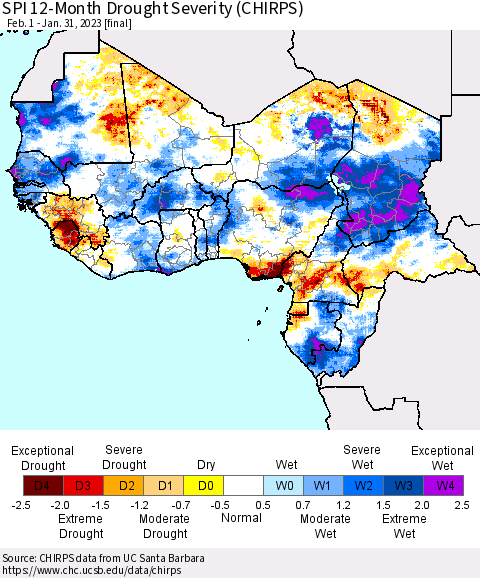 Western Africa SPI 12-Month Drought Severity (CHIRPS) Thematic Map For 2/1/2022 - 1/31/2023
