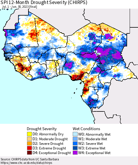 Western Africa SPI 12-Month Drought Severity (CHIRPS) Thematic Map For 7/1/2022 - 6/30/2023