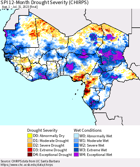 Western Africa SPI 12-Month Drought Severity (CHIRPS) Thematic Map For 8/1/2022 - 7/31/2023