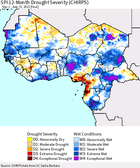 Western Africa SPI 12-Month Drought Severity (CHIRPS) Thematic Map For 9/1/2022 - 8/31/2023