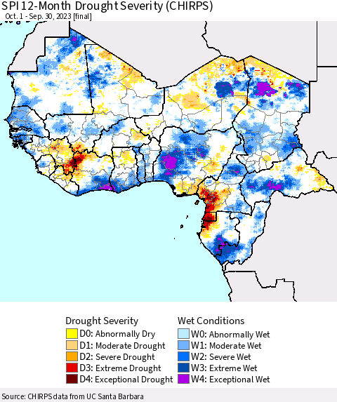 Western Africa SPI 12-Month Drought Severity (CHIRPS) Thematic Map For 10/1/2022 - 9/30/2023