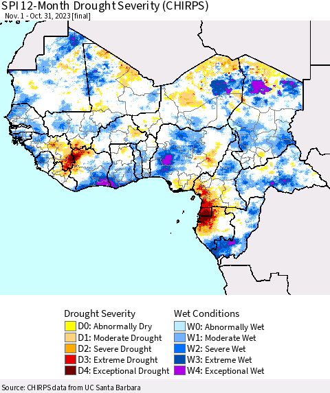 Western Africa SPI 12-Month Drought Severity (CHIRPS) Thematic Map For 11/1/2022 - 10/31/2023