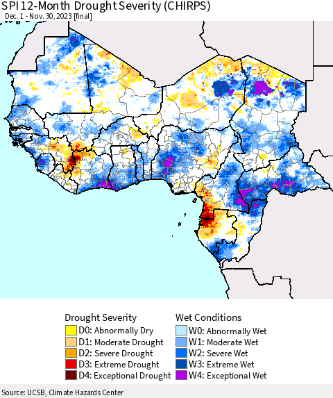 Western Africa SPI 12-Month Drought Severity (CHIRPS) Thematic Map For 12/1/2022 - 11/30/2023