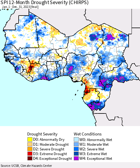 Western Africa SPI 12-Month Drought Severity (CHIRPS) Thematic Map For 1/1/2023 - 12/31/2023