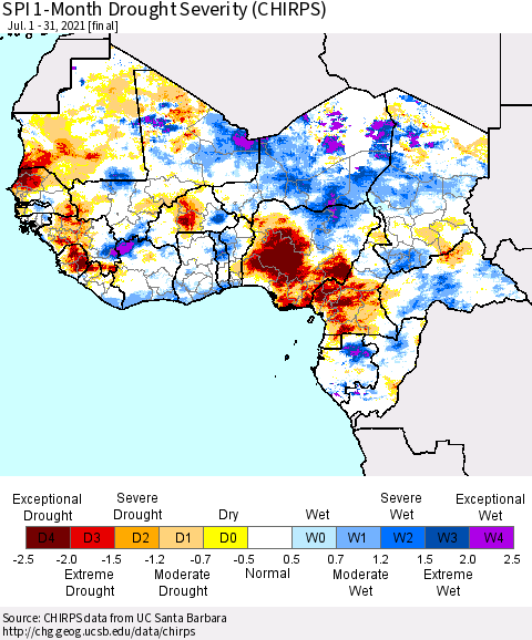 Western Africa SPI 1-Month Drought Severity (CHIRPS) Thematic Map For 7/1/2021 - 7/31/2021
