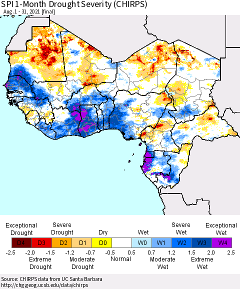 Western Africa SPI 1-Month Drought Severity (CHIRPS) Thematic Map For 8/1/2021 - 8/31/2021