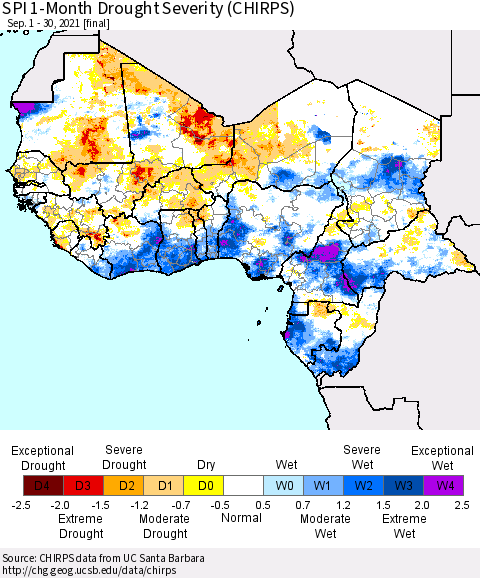 Western Africa SPI 1-Month Drought Severity (CHIRPS) Thematic Map For 9/1/2021 - 9/30/2021