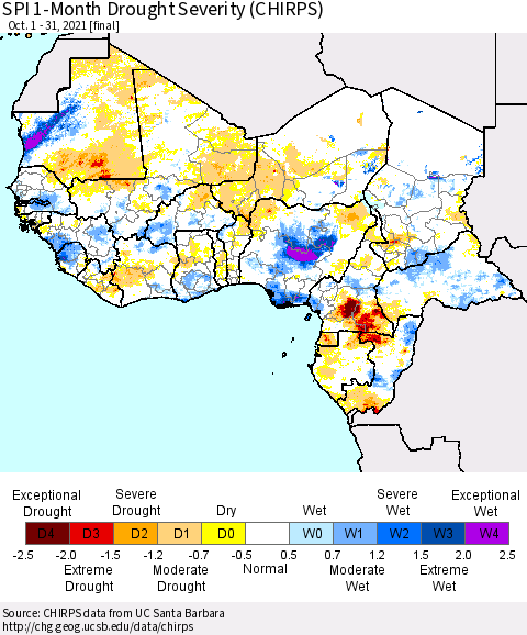 Western Africa SPI 1-Month Drought Severity (CHIRPS) Thematic Map For 10/1/2021 - 10/31/2021