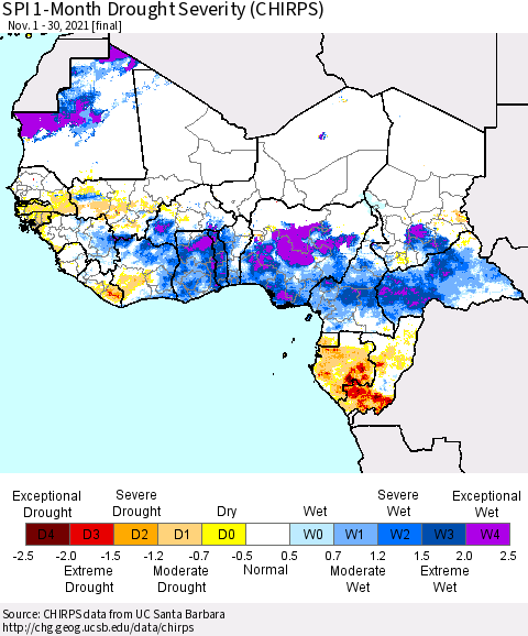 Western Africa SPI 1-Month Drought Severity (CHIRPS) Thematic Map For 11/1/2021 - 11/30/2021