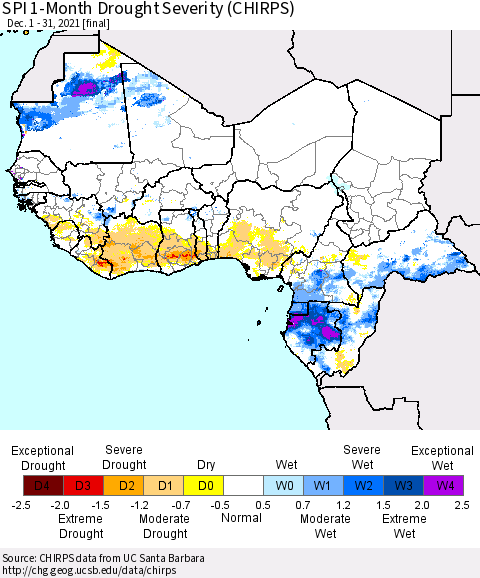 Western Africa SPI 1-Month Drought Severity (CHIRPS) Thematic Map For 12/1/2021 - 12/31/2021