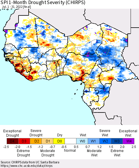 Western Africa SPI 1-Month Drought Severity (CHIRPS) Thematic Map For 7/1/2022 - 7/31/2022