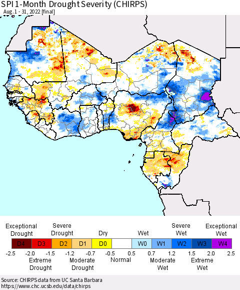 Western Africa SPI 1-Month Drought Severity (CHIRPS) Thematic Map For 8/1/2022 - 8/31/2022