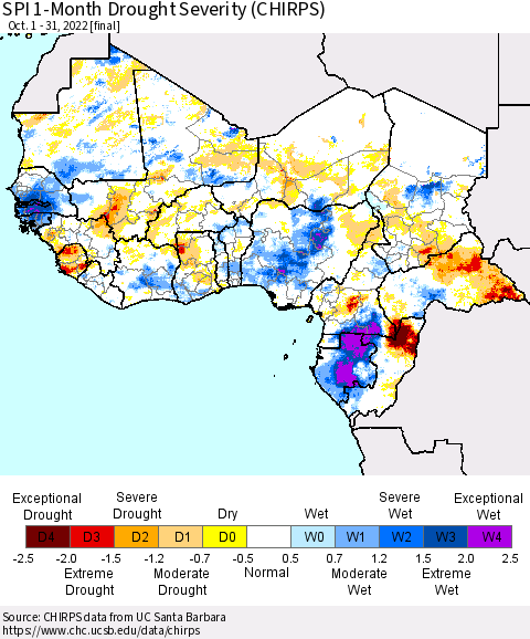 Western Africa SPI 1-Month Drought Severity (CHIRPS) Thematic Map For 10/1/2022 - 10/31/2022