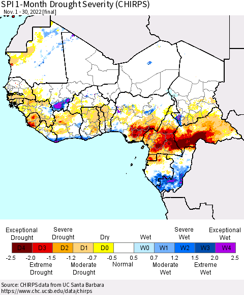 Western Africa SPI 1-Month Drought Severity (CHIRPS) Thematic Map For 11/1/2022 - 11/30/2022