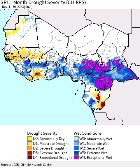 Western Africa SPI 1-Month Drought Severity (CHIRPS) Thematic Map For 11/1/2023 - 11/30/2023