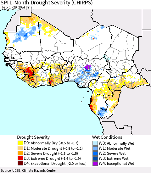 Western Africa SPI 1-Month Drought Severity (CHIRPS) Thematic Map For 2/1/2024 - 2/29/2024