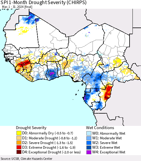 Western Africa SPI 1-Month Drought Severity (CHIRPS) Thematic Map For 3/1/2024 - 3/31/2024