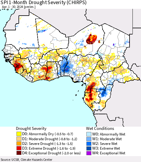 Western Africa SPI 1-Month Drought Severity (CHIRPS) Thematic Map For 4/1/2024 - 4/30/2024