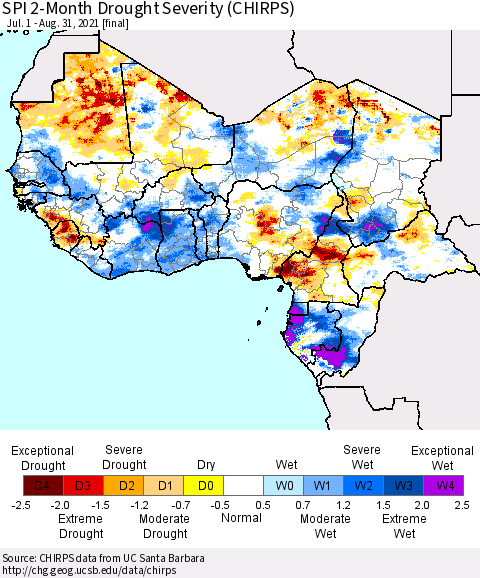 Western Africa SPI 2-Month Drought Severity (CHIRPS) Thematic Map For 7/1/2021 - 8/31/2021