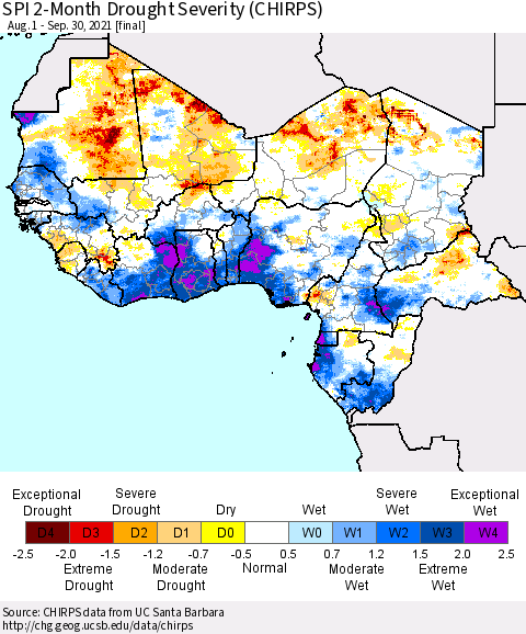 Western Africa SPI 2-Month Drought Severity (CHIRPS) Thematic Map For 8/1/2021 - 9/30/2021
