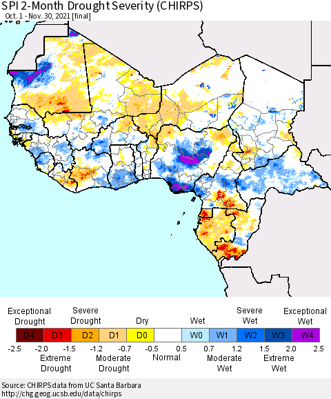 Western Africa SPI 2-Month Drought Severity (CHIRPS) Thematic Map For 10/1/2021 - 11/30/2021