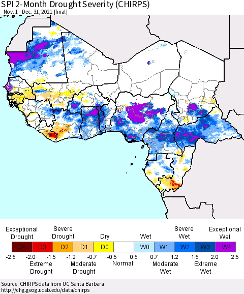 Western Africa SPI 2-Month Drought Severity (CHIRPS) Thematic Map For 11/1/2021 - 12/31/2021