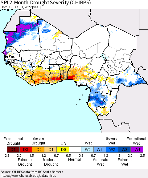 Western Africa SPI 2-Month Drought Severity (CHIRPS) Thematic Map For 12/1/2021 - 1/31/2022