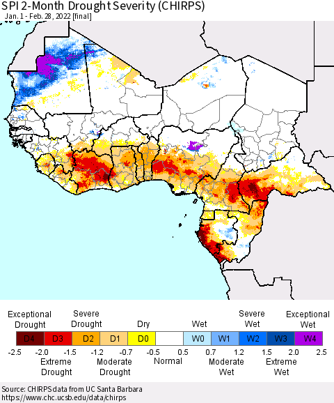 Western Africa SPI 2-Month Drought Severity (CHIRPS) Thematic Map For 1/1/2022 - 2/28/2022