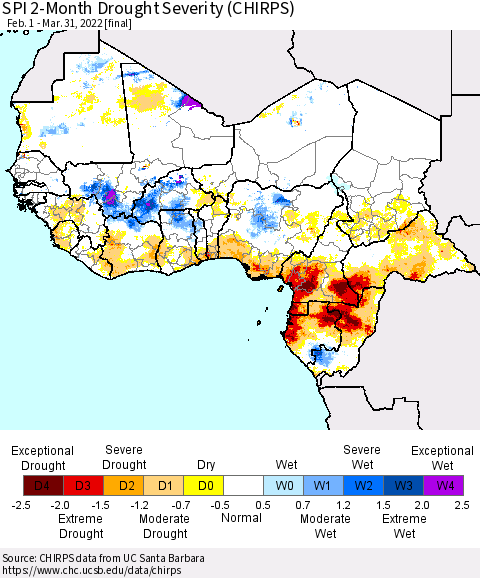 Western Africa SPI 2-Month Drought Severity (CHIRPS) Thematic Map For 2/1/2022 - 3/31/2022