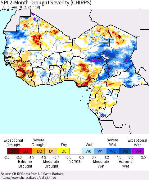 Western Africa SPI 2-Month Drought Severity (CHIRPS) Thematic Map For 7/1/2022 - 8/31/2022