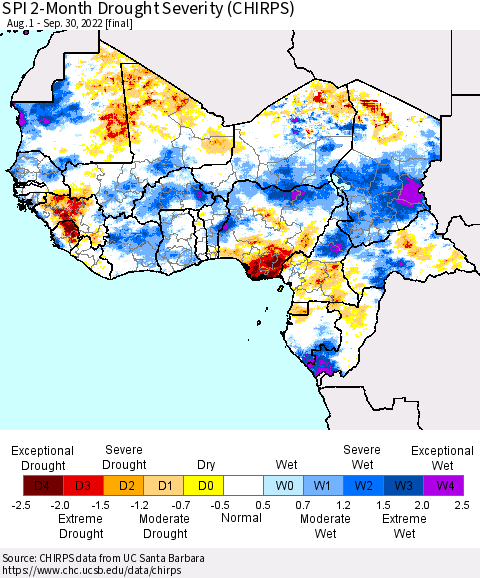 Western Africa SPI 2-Month Drought Severity (CHIRPS) Thematic Map For 8/1/2022 - 9/30/2022