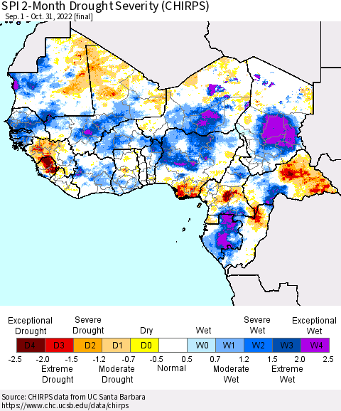 Western Africa SPI 2-Month Drought Severity (CHIRPS) Thematic Map For 9/1/2022 - 10/31/2022