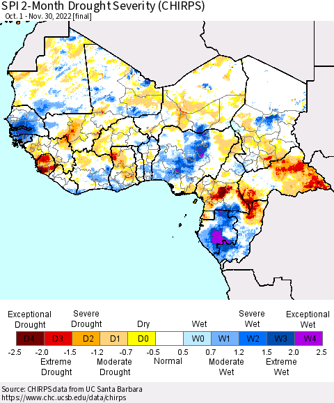 Western Africa SPI 2-Month Drought Severity (CHIRPS) Thematic Map For 10/1/2022 - 11/30/2022