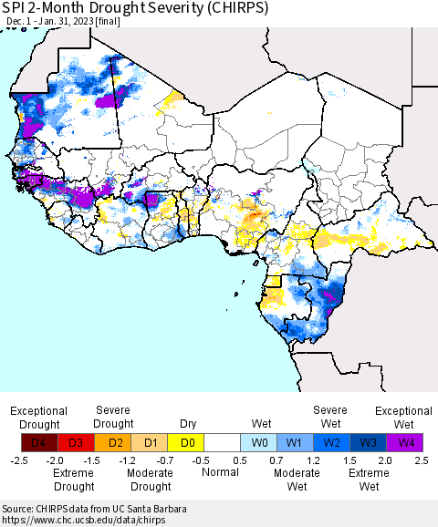 Western Africa SPI 2-Month Drought Severity (CHIRPS) Thematic Map For 12/1/2022 - 1/31/2023