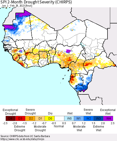 Western Africa SPI 2-Month Drought Severity (CHIRPS) Thematic Map For 1/1/2023 - 2/28/2023