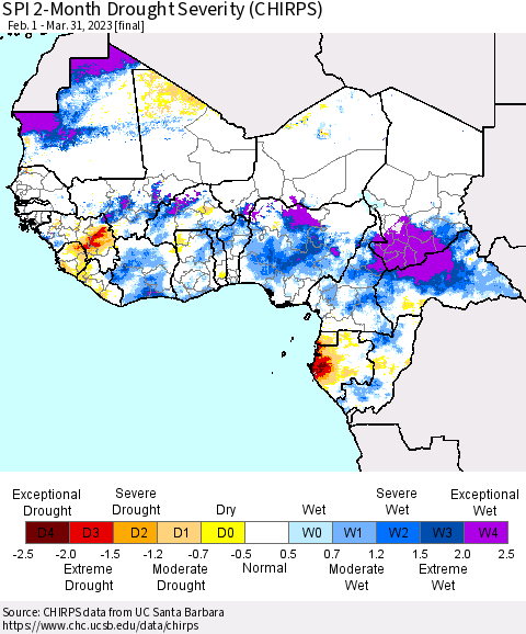 Western Africa SPI 2-Month Drought Severity (CHIRPS) Thematic Map For 2/1/2023 - 3/31/2023