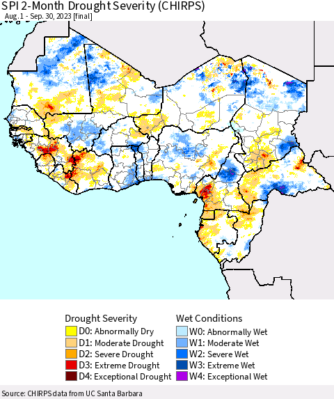 Western Africa SPI 2-Month Drought Severity (CHIRPS) Thematic Map For 8/1/2023 - 9/30/2023