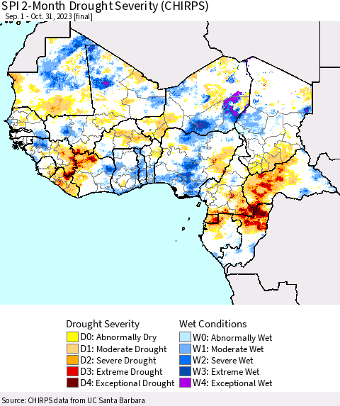 Western Africa SPI 2-Month Drought Severity (CHIRPS) Thematic Map For 9/1/2023 - 10/31/2023